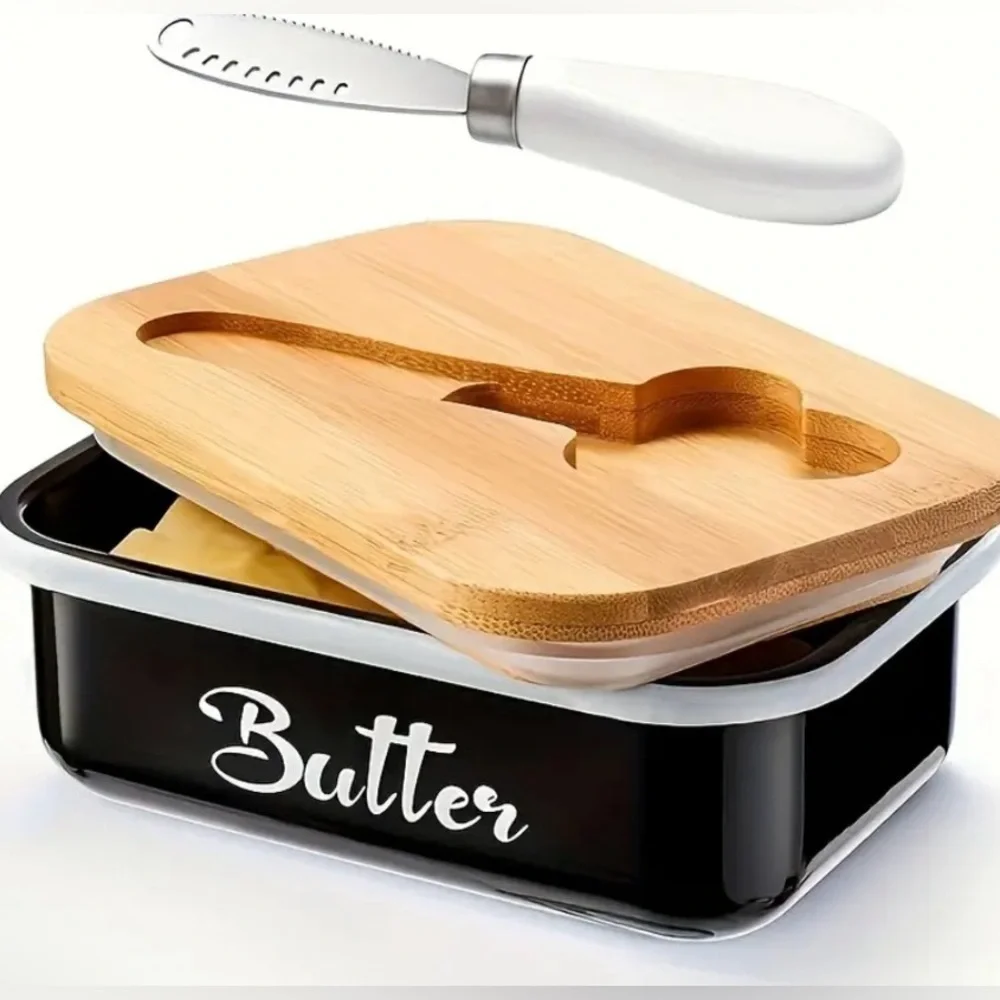NWT BUTTER KEEPER WITH BUTTER KNIFE BLACK METAL WITH WHITE LETTERING WOODEN LID